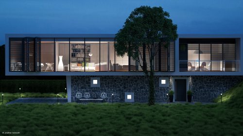 Una villa immersa nel verde, visualizzazione architettonica in 3D in notturna