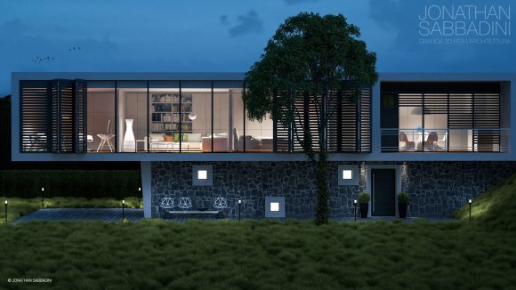 Villa moderna immersa nel verde, visualizzazione architettonica in 3D in notturna - Jonathan Sabbadini Giubiasco
