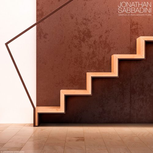 scala in legno ed acciaio corten modellazione e rendering