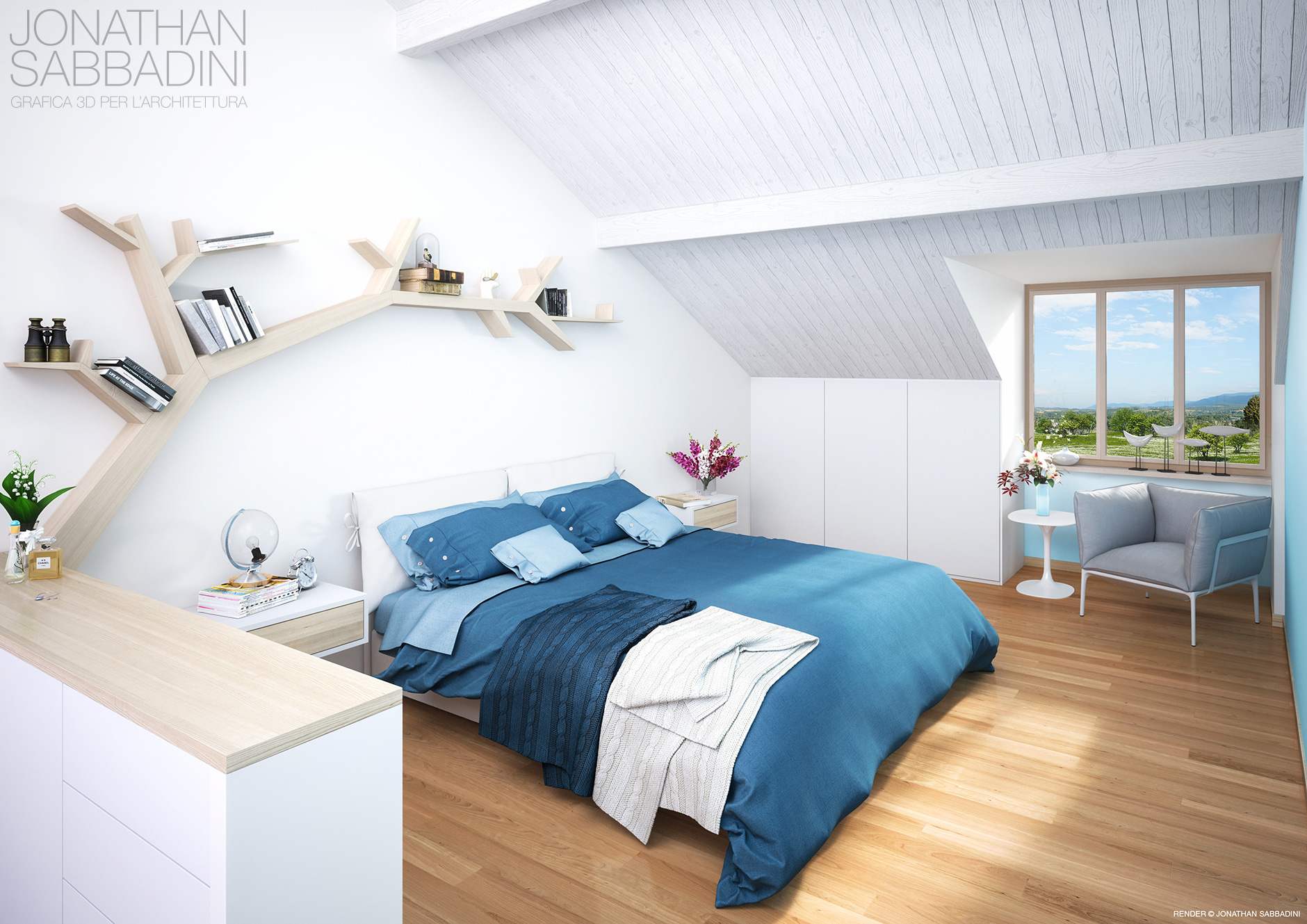 camera da letto in mansarda render fotorealistico per agenzie immobiliari