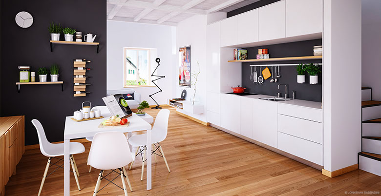 modellazione e render fotorealistico di cucina aperta sul soggiorno per agenzia immobiliare