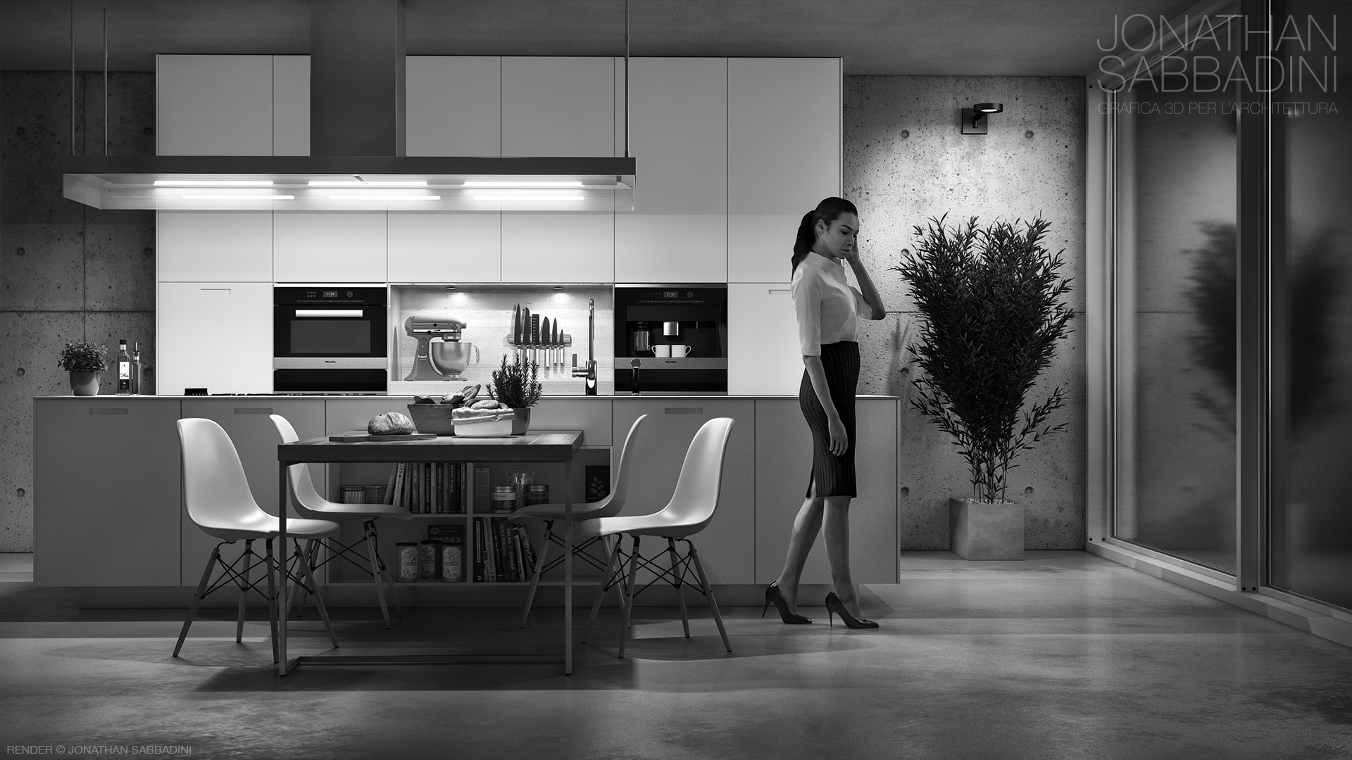 render fotorealistico bianco e nero cucina Poliform - Jonathan Sabbadini Ticino