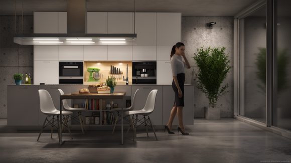 rendering fotorealistico cucina di design, cemento e resina