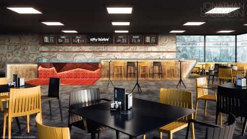 rendering progetto architettura interni bar city bistro Ticino - mobili e materiali personalizzati