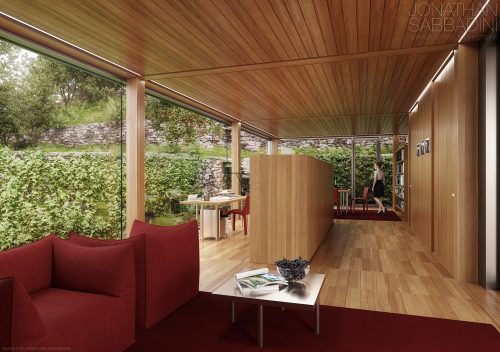 rendering fotorealistico di casa moderna con giardino e vigne in Ticino interno diurno