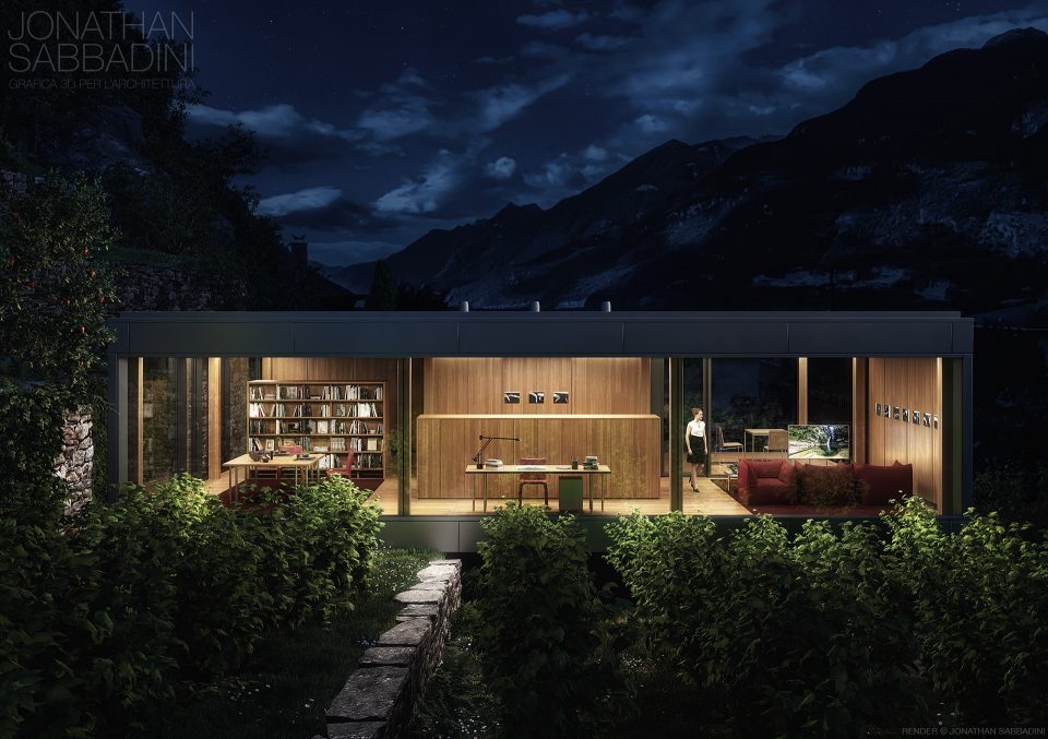rendering architettura moderna notturno casa con giardino e vigne progetto Architetto Ivano Gianola