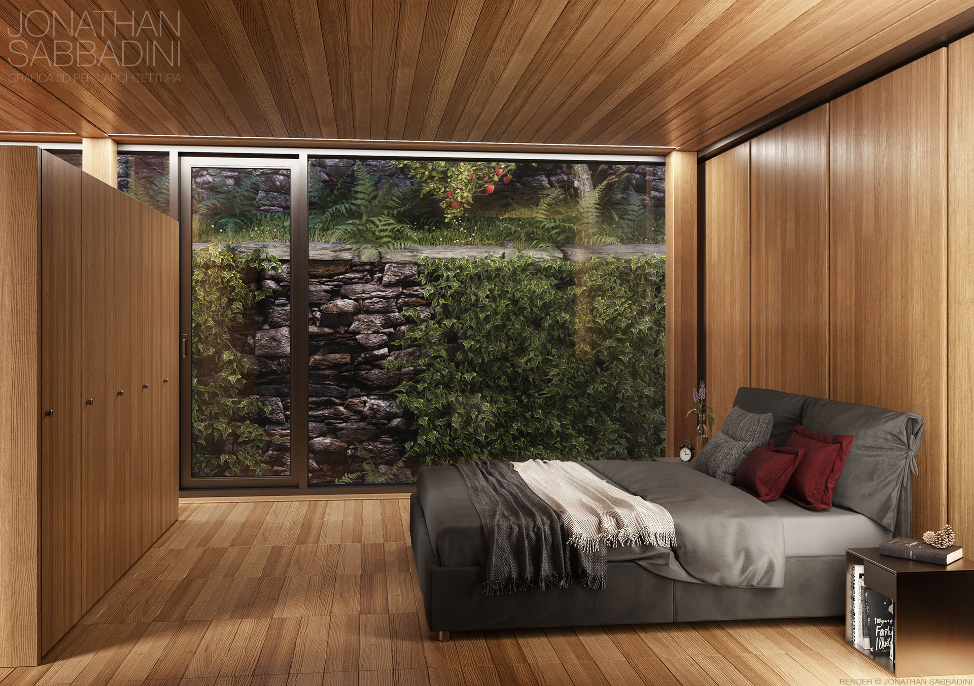 rendering fotorealistico interno camera letto legno casa Biasca - JonathanSabbadini_x_Architetto-IvanoGianola
