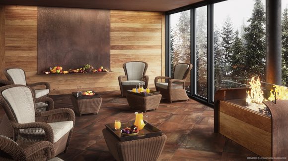 rendering di interior design per hotel area relax wellness