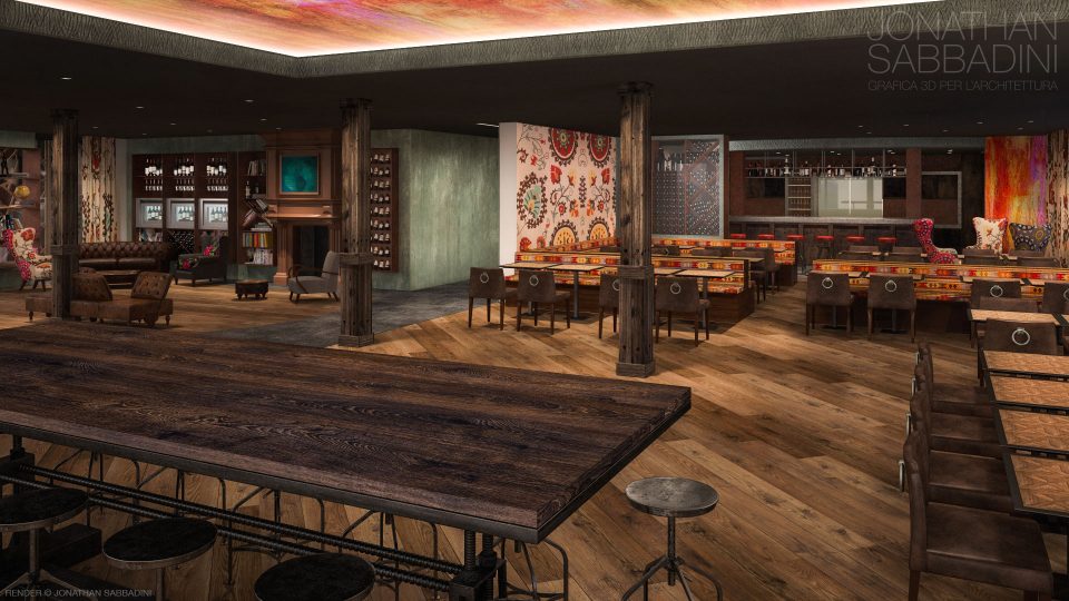 interior design render ristorante Valsana Arosa