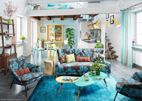 3D ad alto realismo soggiorno cucina e soppalco con camera