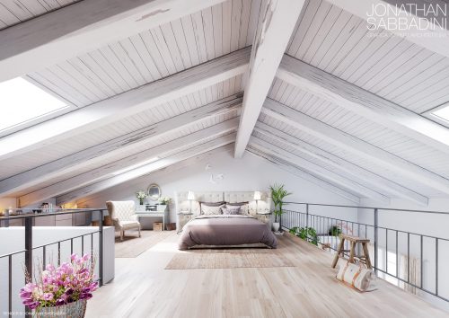 rendering ad alto realismo di camera in mansarda arredata