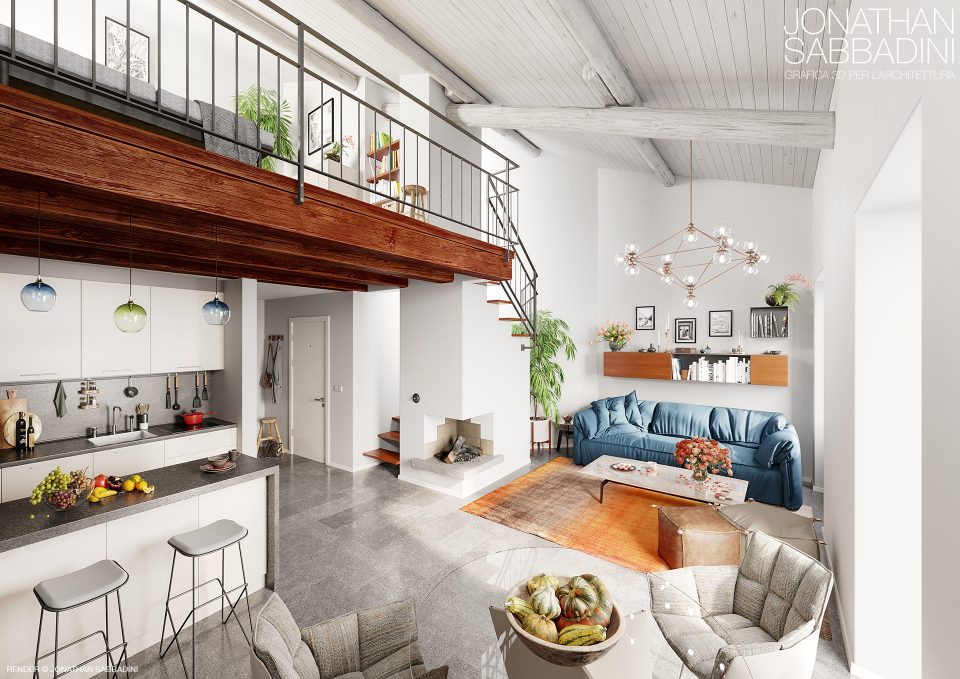 3D fotorealistico appartamento duplex soggiorno cucina e soppalco
