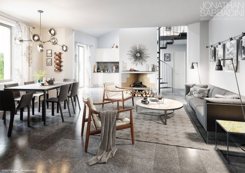 rendering fotorealistico appartamento duplex soggiorno cucina camino