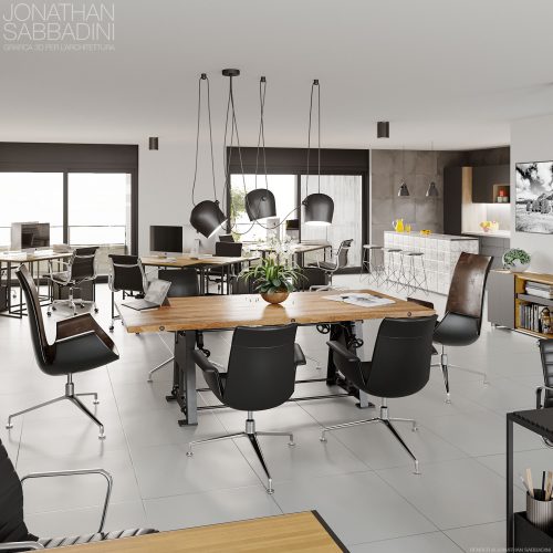 render interni ufficio con oggetti di design