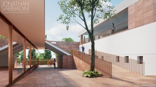 veduta dell'ingresso principale e della corte dell'albero - progetto Trasparenza di Ivano Gianola - render Jonathan Sabbadini