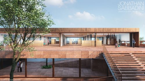 veduta esterna sulla corte dell'albero e sulle aule didattiche - render Jonathan Sabbadini