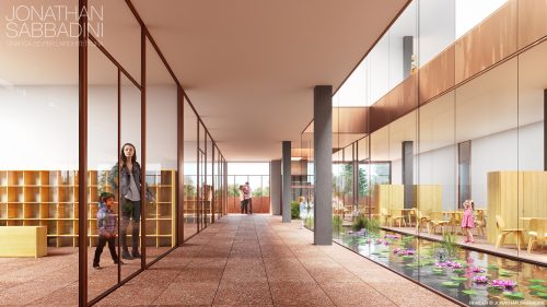 render per concorso di architettura - veduta interna corte della pioggia con acqua e ninfee