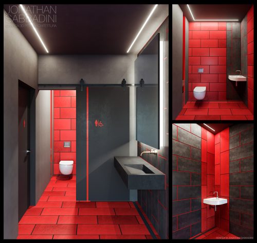 render per progetto di interior design di bagni pubblici