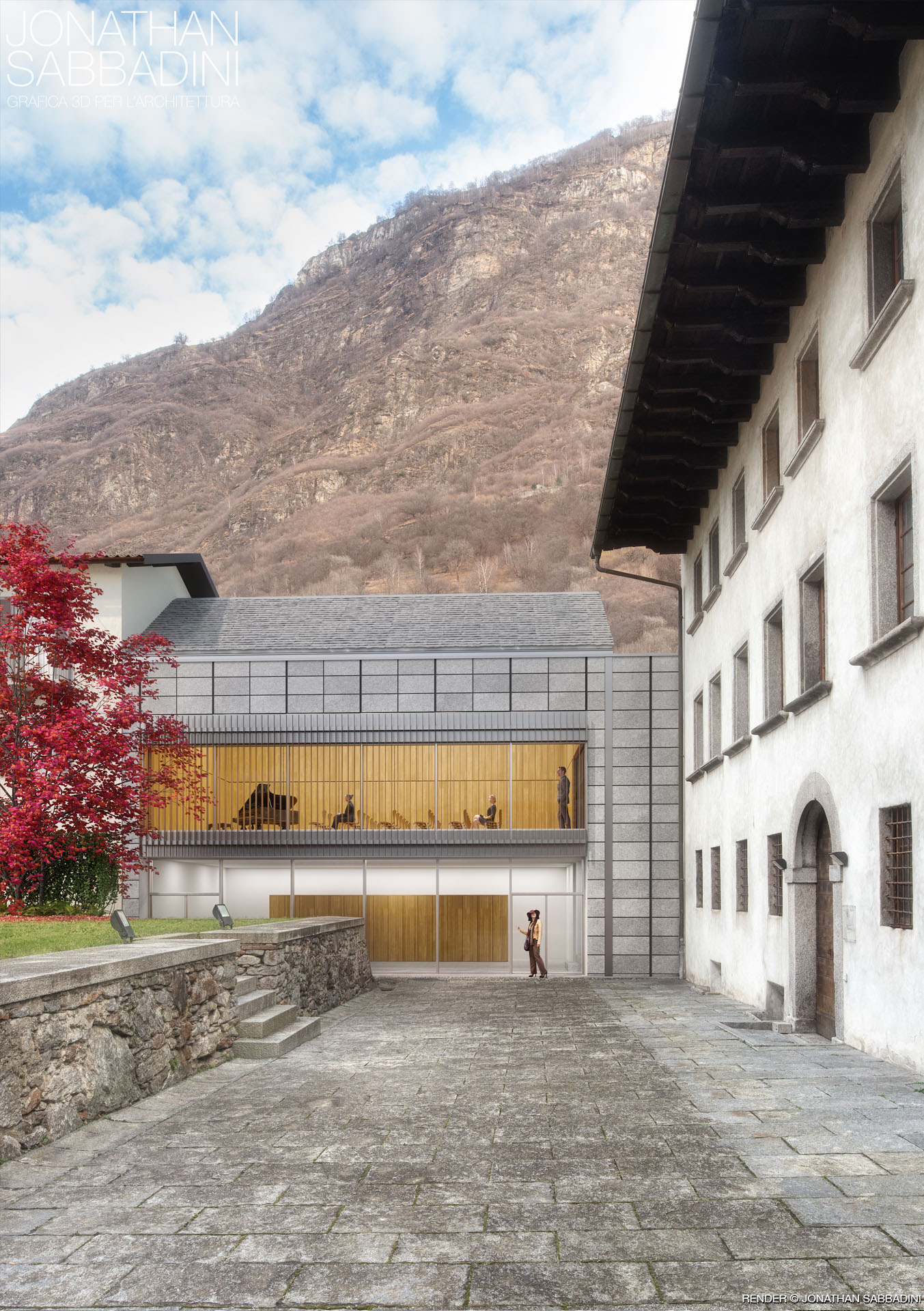 visualizzazione_Architettonica_BiascaCentroCulturale_progettoIvanoGianola_renderJonathanSabbadiniTicino